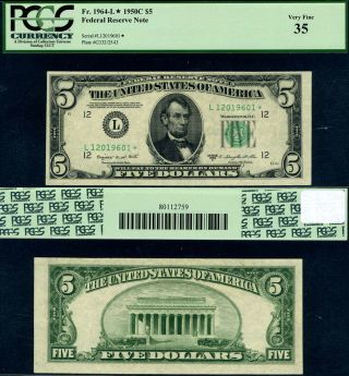 Fr.  1964 L $5 1950 - C Federal Reserve Note San Francisco L - Block Pcgs Vf35 Sta