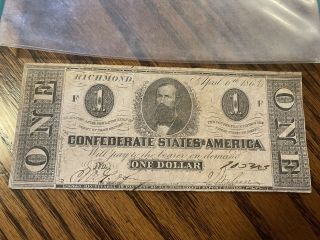 1863 Confederate States Of America Richmond $1 One Dollar Large Currency Note.