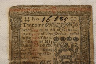 PA - 169 OCTOBER 1,  1773 20s TWENTY SHILLINGS PENNSYLVANIA COLONIAL CURRENCY 3