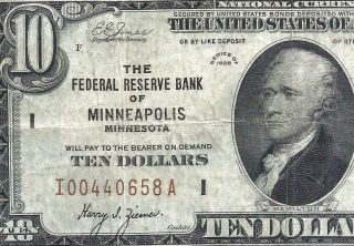 1929 $10 Brown Seal Minneapolis Old Us National Currency Vf