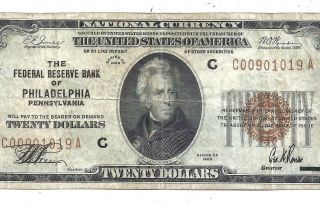 1929 $20 Brown Seal Philadelphia Old Us National Currency Vf