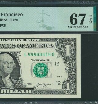 Binary Fancy Serial Number 2013 Us $1 San Francisco Federal Reserve Note Pmg 67