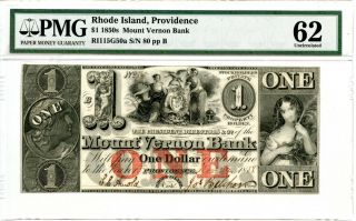 1858.  Providence,  Rhode Island.  Mount Vernon Bank $1 Pmg 62