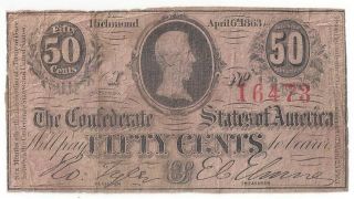 1863 Confederate States Of America Fifty Cent Note T63 Pf6 Cr488 - 0944