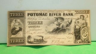 1854 $3 Potomac River Bank Georgetown,  D.  C.  Obsolete Currency Note