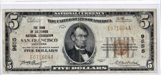 $5 1929 T1 Bank Of California National San Francisco Ca Evenly Circulated