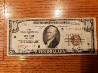 1929 Brown Seal $10 York Bank Note National Currency Old Paper Money