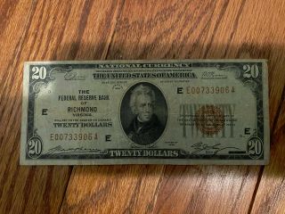 1929 20 Dollar Federal Reserve Bank Of Richmond Virginia National Banknote