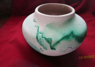 Vintage Nemadji Pottery Usa Green Swirl Unglazed Planter Bowl