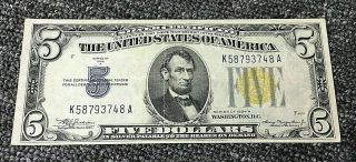 1934 A U.  S.  $5 Silver Certificate North Africa Gold Seal Paper Money Bank Note