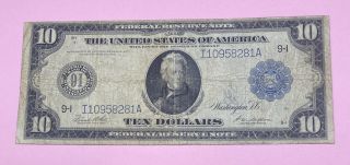 1914 $10 Ten Dollar Blue Seal Large Size Federal Reserve Currency Note Bill