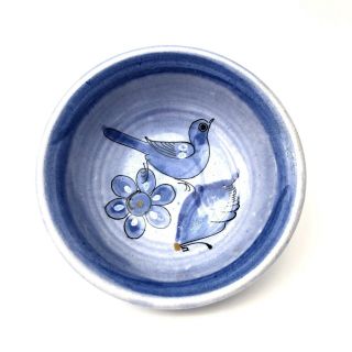 Vintage Mexican Art Pottery Small Bowl Trinket Dish Blue Bird Flower Handpainted