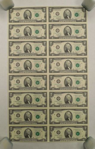 1995 - Uncut U.  S.  Currency Sheet - 16 X $2 Bills - Frn - F District - F - A Block