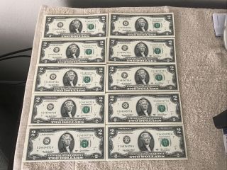 10 Uncirculated 2003 Series Consecutive $2 Us Two Dollar Bills Plastic Sleeve