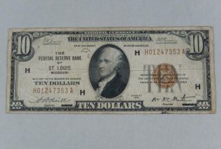 Series 1929 $10 Ten Dollars Federal Reserve Note Frn H St Louis P0355