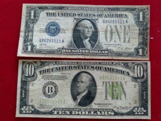 Us Paper Money 1934 10 Dollar Bill & 1928 A One Dollar Bill