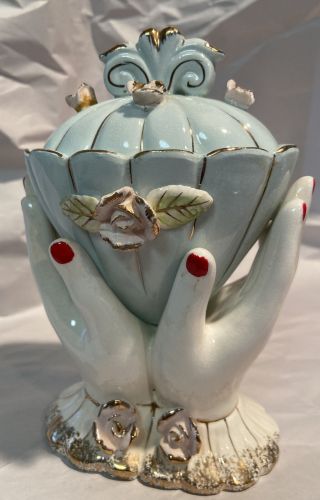 Vintage Japan Ceramic Hands Holding Decorative Baby Blue Vase Florals