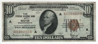 1929 $10 Federal Reserve Banknote Boston Circulated Very Fine Vf (610a)