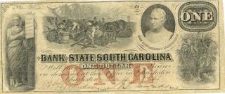 South Carolina Bank Of The State $1 Dollar Obsolete Currency 1861
