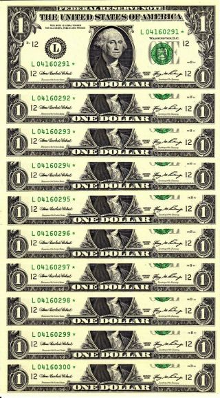 10 Consecutive 2006 $1 L Star Federal Reserve Notes - Gem Crisp Uncirculated