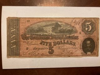 1864 $5 Confederate States Of America Currency Richmond Civil War Note