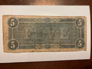 1864 $5 Confederate States Of America Currency Richmond Civil War Note 2