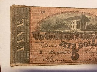 1864 $5 Confederate States Of America Currency Richmond Civil War Note 3