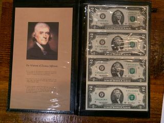 2003 $2 Dollar Bills Uncut Sheet Of 4 Usd Notes,  Jefferson Qotes,  Folder