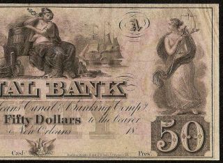 1850s $50 Dollar Orleans Canal Bank Note Large Currency Old Paper Money Unc