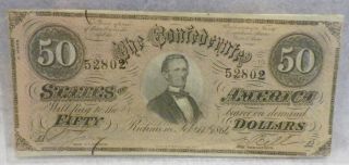Antique Civil War Era Csa 50 Dollar Note