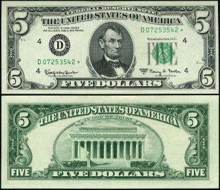 Fr.  1968 D $5 1963 - A Federal Reserve Note Cleveland D - Block Choice Cu Star