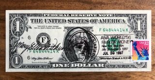 $1 Federal Reserve Note Courtesy Autographed & Stamped