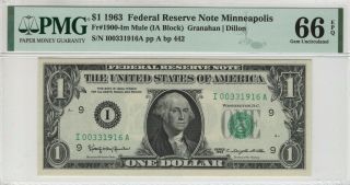 1963 $1 Federal Reserve Note Minneapolis Fr.  1900 - Im Mule Pmg Gem Unc 66 Epq (916