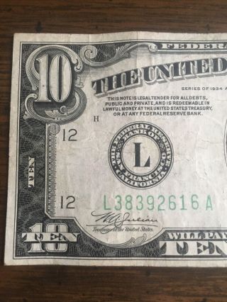 1934 A $10 Federal Reserve Note Circulated San Francisco L 2