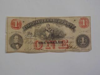 Civil War Confederate 1862 1 Dollar Bill Virginia Treasury Paper Money Currency