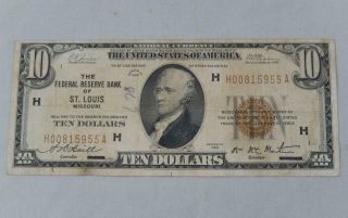 Series 1929 $10 Ten Dollars Federal Reserve Note Frn H St Louis P0333