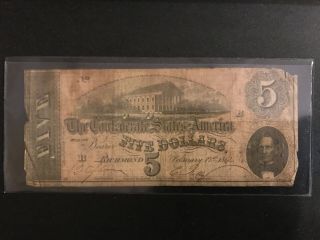 1864 Confederate State $5 Richmond,  Va Five Dollar Note Currency Bill