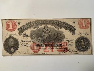 1862 Virginia Treasury Note - Confederate States Currency