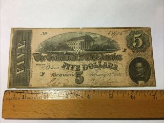 1864 Confederate States Of America Five Dollar Bank Note Richmond