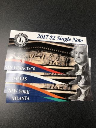 2017 $2 Single Note Set (4) York,  San Francisco,  Dallas & Atlantic.