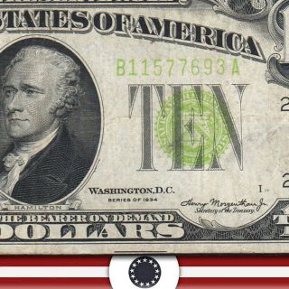 1934 $10 York Frn Lgs Federal Reserve Note Light Green Fr 2004 - B 77693 - P