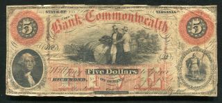 1861 $5 The Bank Of The Commonwealth Richmond,  Va Obsolete Banknote (j)