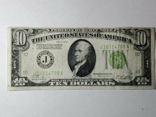 1928 J $10 Gold On Demand “lime Green Seal Federal Reserve Note Dollar Bill