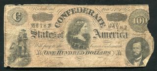 T - 65 1864 $100 One Hundred Csa Confederate States Of America “lucy Pickens”