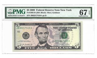 2009 $5 York Frn,  Pmg Gem Uncirculated 67 Epq Banknote,  1st Of 2