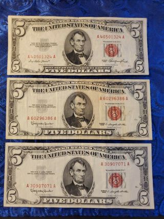 Three Five Dollar Bill Red Seal Note 2 - 1963 And 1 - 1953