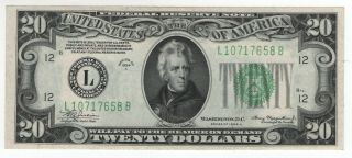 1934 A $20 Federal Reserve Note San Francisco Fr.  2055 - L Choice Very Fine,  (658b)