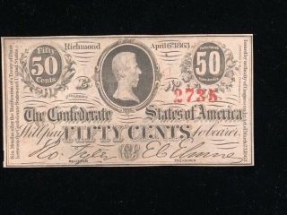 1863 Civil War Confederate Currency 50¢ Note Appears Uncirculated,  Few Pinholes