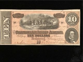 1864 Civil War Confederate Currency Confederate States Of America $10 Note Unc