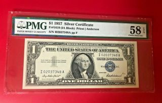 $1 1957 Silver Certificate Fr 1619 Ia Block Priest Anderson Pmg 58 Epq